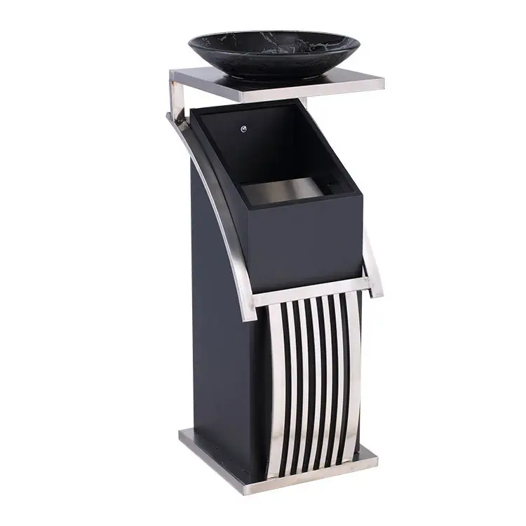 Black square stainless steel metal waste bin with top marble basin