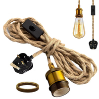 Cordon d'alimentation standard britannique avec interrupteur et prise, luminaire suspendu LED décoratif, support de lampe vintage en corde E27 avec support de lampe de plafond