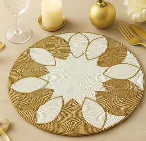 Gold <b>White</b> Floral Beaded <b>coaster</b>, Round Seed Bead Table Mat with Leaf Pattern for Dining, Wedding & Home Decor - Product Image 6