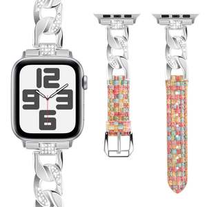 Correa de Cadena con Incrustaciones de Diamantes para Apple Watch Ultra 49mm SE 44mm 42mm 38mm, Correa de Reloj de Cuero Colorida con Patrón Tejido - Product Image 4