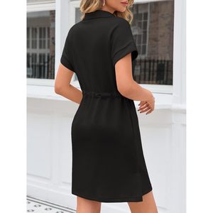 Vestido Mini de Manga Corta para Mujer, Cuello en V, Cierre de Cremallera de Cuarto, Cintura con Cordón, Vestido Casual Tipo Sudadera, Tejido de Algodón Sólido, Ropa de Verano - Product Image 4