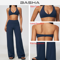 Ensemble de yoga pour femme : Soutien-gorge de sport halter et pantalon évasé à jambes larges, en Spandex et Nylon respirant, pour le sport, la gym et le fitness