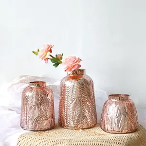 家居装饰花卉花瓶雕刻图案圆桶玻璃高品质粉色装饰艺术室内周年波浪玻璃