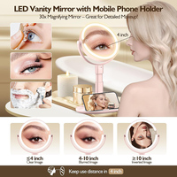 Miroir de Maquillage Portable LED Rose MS23 à Double Face avec Contrôle Tactile de la Luminosité, Grossissant et Pliable à 360°