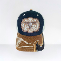Topi Trucker Bordir Patch Kulit Imitasi Gaya Barat dengan Pinggiran Distressed, Custom, Jaring di Belakang, Gorra Bordada Vaquera, Topi Kulit Palsu