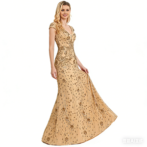 Elegante Abito da Sposa/Cerimonia Lungo con Scollo a V Senza Maniche, Stile Sirena con Paillettes, in Organza, per Maternità - Product Image 2