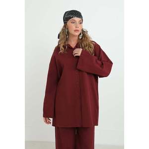 LOREEN Women's Burgundy Button Detail Oversize Shirt & <b>Trousers</b> Set, Two-Piece Casual Long Sleeve Outfit, Model 20694TKS - Product Image 4