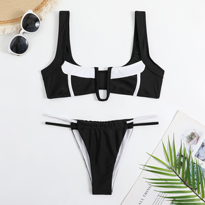 Conjunto de Bikini de 2 Piezas para Mujer, Cuello Halter, Push-Up, Tanga Acolchada, Color Negro y Blanco Sólido, 100% Poliéster Antibacterial - Product Image 3
