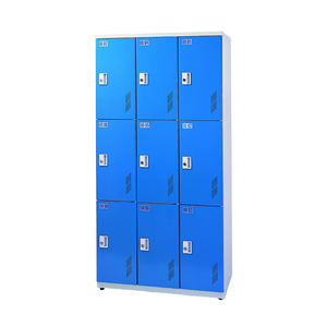 Casier de sol commercial entièrement assemblé bleu à 9 portes et 3 niveaux pour bureau d'entreprise avec serrure RFID, rangement dissimulé et fermeture automatique des portes - Product Image 1