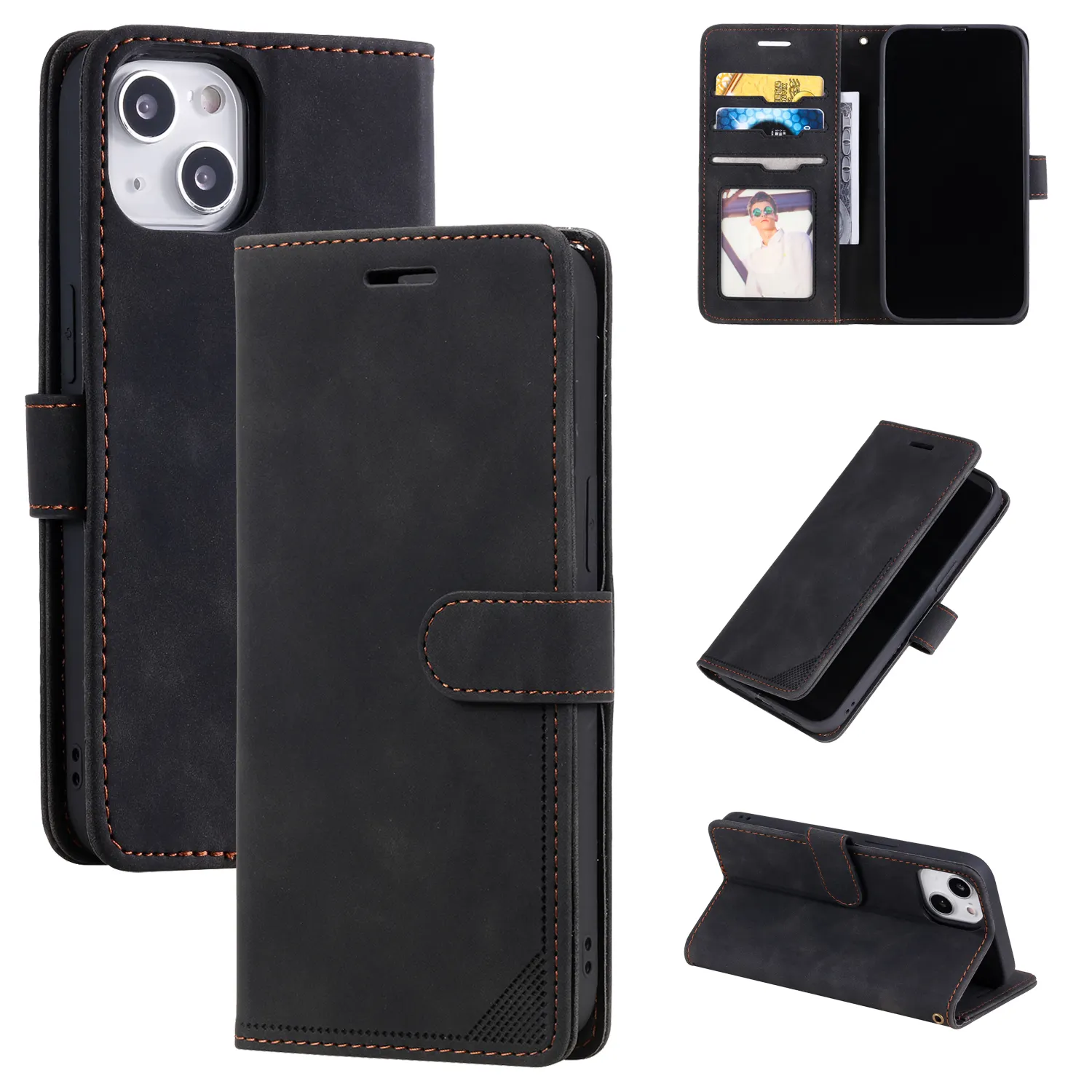 High Quality Leather Flip Card Holder Wallet fold Shockproof Lanyard for iphone15 Inclusive Mobile support Phone Bags case
