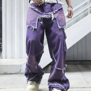 بنطلون جينز رجالي مخصص بتصميم Y2K ممزق ومغسول، سروال فضفاض بقطع مرقعة وحواف مهترئة، ملابس الشارع للرجال - Product Image 1