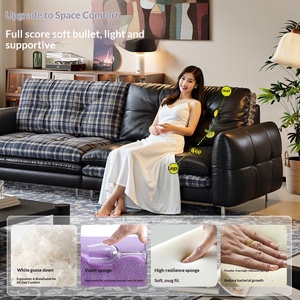 Mid-century leather hamburger <b>sofa</b>, reversible straight couch with fabric & leather cushions, multifunctional for <b>small</b> spaces - Product Image 3