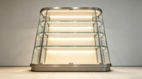 Luxuriöse Gebogene Glas-Schmuckvitrine mit Gebürstetem Edelstahlrahmen und LED-Beleuchtung - Umweltfreundlich mit Anpassbaren Farben zur Präsentation