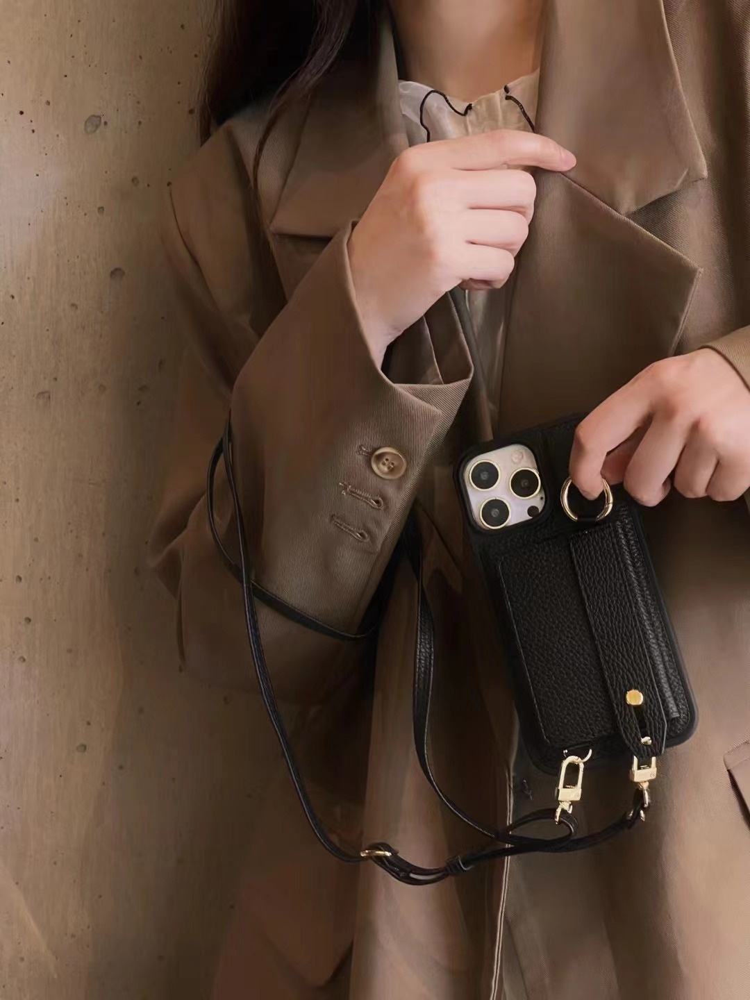 Noir-PU carte sac téléphone cas avec lanière