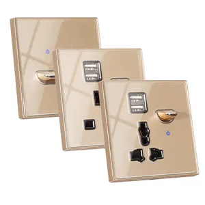 K13 Tempered Glass Gold New Design 1/2/3/4 Gang UK/EU Push Button Light Electric Wall Switch Customized Socket Reset switch