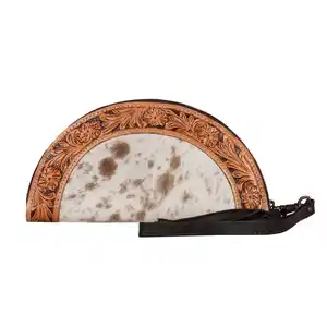 Hand tooled half circle wallet genuine cowhide hairon fur leather handmade clutch with card cash slots genuine leather products