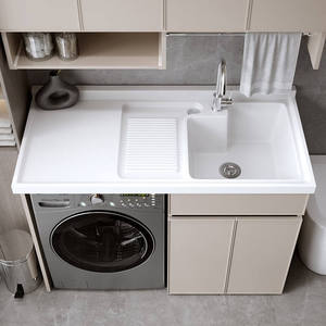 Meuble-lavabo moderne beige pour salle de bain avec lavabo intégré, compartiment pour machine à laver et rangement supérieur - Product Image 2