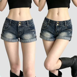 Ins Street Style Vintage Low Waist Washed Cuff Double <b>Button</b> <b>Jeans</b> Hot Girl Low Rise Fashion Crop Denim Shorts - Product Image 1