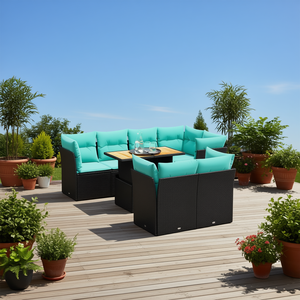 Ensemble de canapés de patio en polyrotin noir, 8 pièces, avec coussins, meubles d'extérieur, style contemporain, pour 8 personnes - Product Image 2