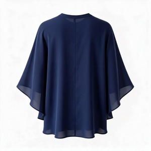 Women's Navy Blue Chiffon Blouse With Mandarin Collar Kimono Sleeve Loose Fit Sheer <b>Layer</b> Minimalist Style Spring Summer <b>Top</b> - Product Image 4