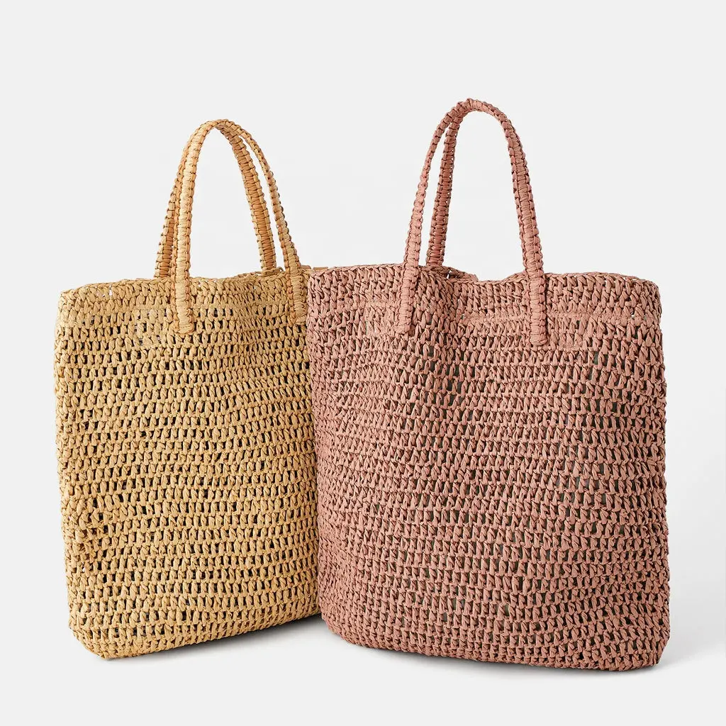 FSP149 Bolsa de mão artesanal de verão para mulheres, bolsa de palha portátil de crochê para férias e praia à beira-mar