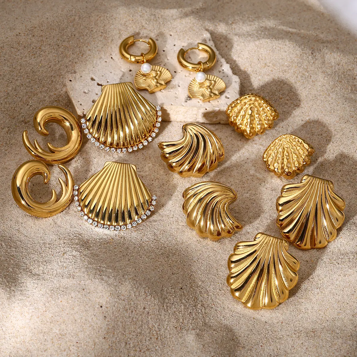 Brincos de verão série Shell Brincos de praia em aço inoxidável atacado banhados a ouro 18K