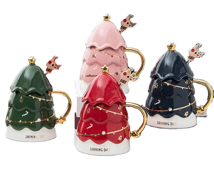 Мультяшная объемная керамическая Бытовая 3d Роскошная кружка, кофейная чашка, кружки в форме рождественской елки, набор звезд с крышкой