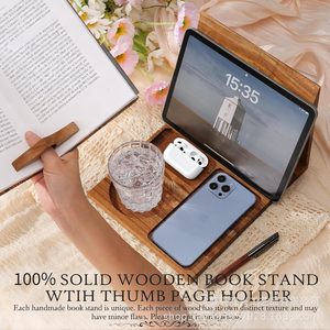 Wooden Foldable Book Rack With Cup Holder And Phone <b>Stand</b> For Desktop Reading Storage - Product Image 4