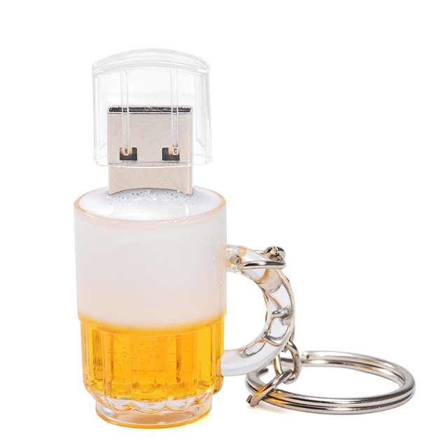 New Creative Beer Mug USB Flash Drive Graduation Friend Gift 2.0 Plastic Large Capacity 128GB Metal Chain Multi-Function Storage