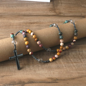 8mm Piedra Natural Moukaite católico Cristo Rosario collares meditación joyería Cruz colgante hombres collar - Product Image 6