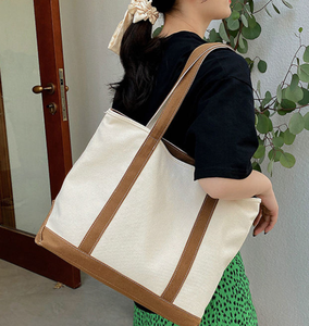 Sac fourre-tout en toile décontracté minimaliste personnalisé, fermeture éclair en coton, sac de shopping d'été, grand sac fourre-tout, poignée bicolore - Product Image 6