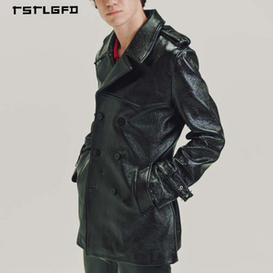 Manteau trench-coat noir en cuir PU pour homme, double boutonnage, revers, ceinture, poignets à revers, luxe, décontracté, mi-long, pour l'automne - Product Image 4