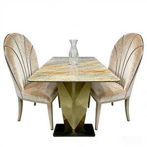 Table à manger en marbre de style minimaliste italien, texture dorée, pierre naturelle avec base en acier inoxydable, mobilier de vente en gros - Product Image 6