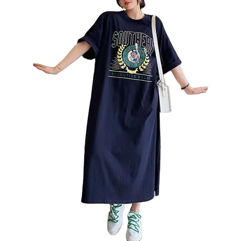 Fashion Printed Crew Neck T shirt Knee Length Long Dress Slit Summer Casual Plus Size T Shirt Dresses 2023