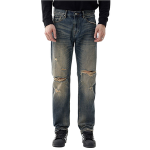 Jean en denim déchiré et délavé pour homme, coupe droite, taille mi-haute, coupe régulière, décontracté, en coton respirant - Product Image 1
