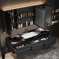 Meuble-lavabo élégant pour salle de bain avec lavabo simple ou double : un mélange parfait de style hôtelier de luxe léger et de rangement intelligent avec miroir.