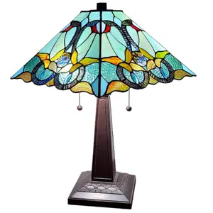 JLT-1225 Tiffany lamps Table Lamp 20" Tall Stained Glass White Green Red Brown Yellow Vintage Antique Light