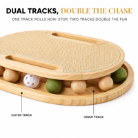 Griffoir pour chat en bois avec double piste à billes, planche à griffer en sisal à 2 niveaux en bois massif et jouet interactif à roulettes pour chat, 5 balles de jeu