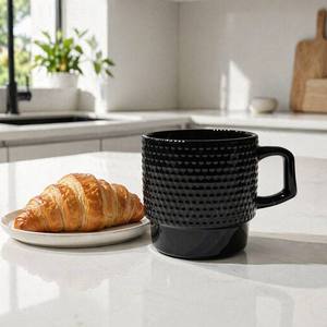 Tazza in Vetro Nero Solido Artigianale 260-460ml - Tazza da Caffè Moderna Industriale <span class=keywords><strong>a</strong></span> Righe e <span class=keywords><strong>Pois</strong></span> per Ufficio, Caffetteria, Regalo - Product Image 1