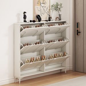 Cream Colored Ultra Thin Flip Shoe Cabinet Wall Mounted Entryway Large Capacity Shoe Rack Space Saving Design - Product Image 2