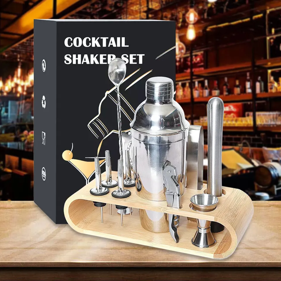 QZQ Professional Barware Tools Wooden Stand Travel Gift Stainless Steel Bartender Kit Bar Accessories Jigger Cocktail Shaker Set