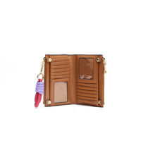 Pasokan Global dompet kustom # ZB497 warna tambal sulam ritsleting ganda merek dompet kulit Pu Rfid dompet wanita 2026