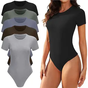 Custom Logo Women's Seamless Thong Bodysuit Tops Jumpsuit Fitness Outfit Crewneck Yoga Bodysuit