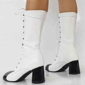 Women Black White Patchwork Square Toe Front Lace up Half Knee High <b>Boots</b> Big Size 47 Wide Fit 6CM Chunky Heels Shoes - Product Image 5