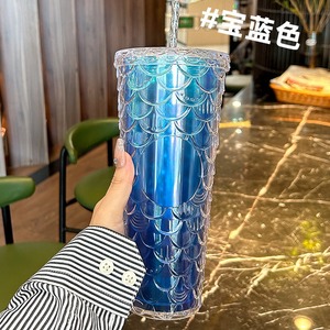 Gourde en plastique écologique avec paillettes et motif écailles de poisson sirène, portable, résistante à l'eau bouillante, avec paille, style diamant, pour le sport et la mode - Product Image 5