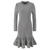 Nouvelle Collection Automne 2026 – Robe Midi Sirène en Maille Tricotée Ajustée à Col Rond et Manches Longues, Motif Rayures Étoilées, Tendance Femme
