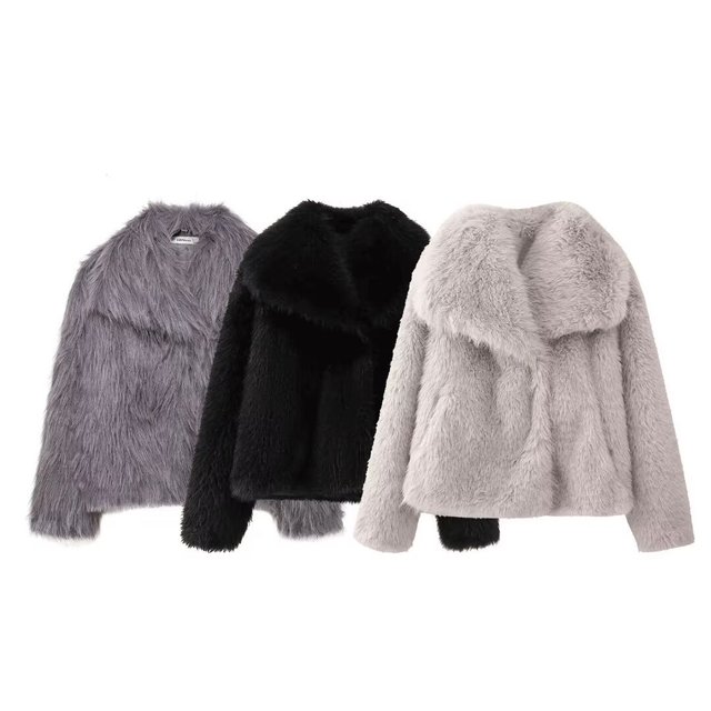 Elegant Cropped Jacket Outerwear 2024 Autumn Winter Women's Faux Fur Coat Ladies Fashion Long Sleeve Grey Black Short Coat
