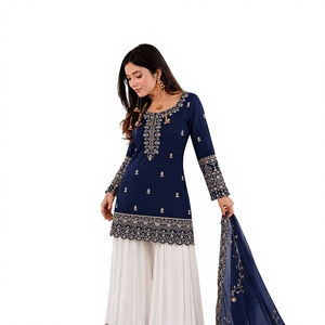 Navy Blue Embroidered <b>Kurta</b> With White Palazzo And Net Dupatta Women Traditional Ethnic <b>Indian</b> Pakistani Set Regular Fit - Product Image 1