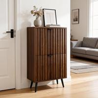 Meuble à chaussures moderne en noyer européen avec portes à lattes, 4 niveaux, pour entrée et salle à manger, design fin et peu encombrant, écologique