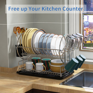 Égouttoir à vaisselle moderne et minimaliste à 2 niveaux pour cuisine, organisateur de comptoir gain de place avec porte-couverts - Product Image 3